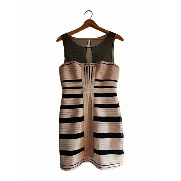 BCBGMAXAZRIA Champagne Black Striped Cocktail Mini Dress Size 6 - Picture 2 of 9